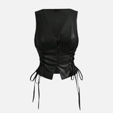 Sophia Women’s Leather Vest Top Sexy Vintage Lace Up V Neck Crop